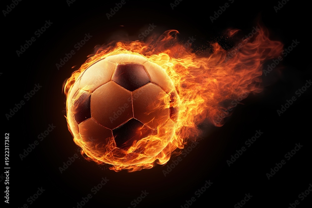 Fototapeta premium Intense glowing soccer ball engulfed in flames on black background, dramatic fiery football isolated with dynamic energy, perfect for sports posters and gaming concepts.