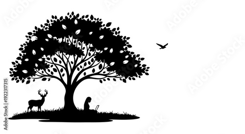 A serene scene of a person sitting under a tree with a deer and bird nearby.