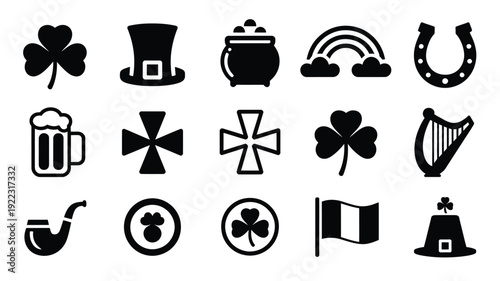 St patrick's day celebration icons set including shamrocks leprechaun hat pot of gold rainbow and irish symbols