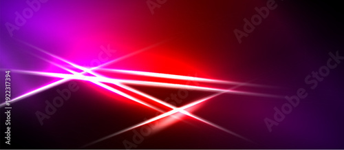 Abstract background features vibrant pink, red gradients. Bright white lines intersect creating dynamic light effects. Dark borders frame composition.