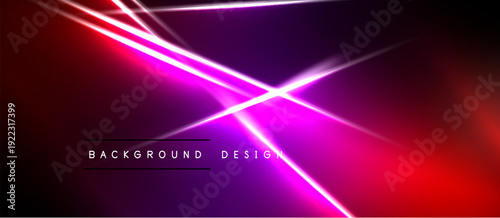 Abstract neon lines intersect vibrant red, purple gradients. Dark background emphasizes bright light streaks, modern design element.