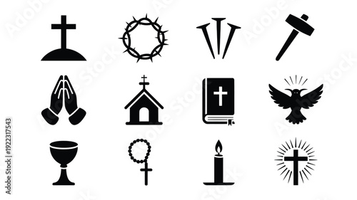 Minimalist vector icons of christian faith and spirituality symbols on white background