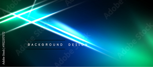 Abstract background features bright neon lines, gradients. Dark areas contrast vibrant blues, greens. Modern design element.