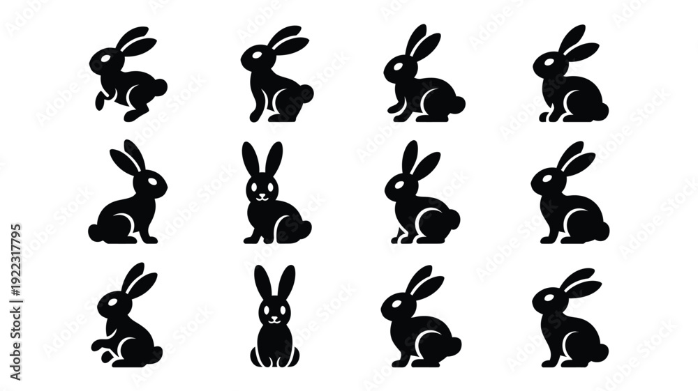 Fototapeta premium Minimal easter bunny silhouettes on white background various poses black vector icons easter celebration symbols holiday decorations and cute rabbit graphics