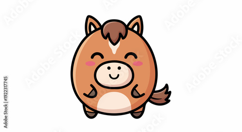 A cartoon horse with a smiling face and rosy cheeks standing against a clean white background in a cute and playful style.