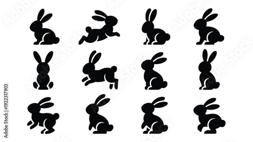 Collection of cute easter bunny silhouettes in various poses on white background for decoration and design