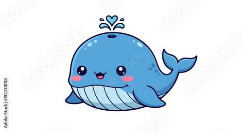 A cute cartoon blue whale with a water splash on its head and rosy cheeks against a plain white background.