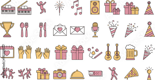 Colorful celebration icon set featuring party supplies like gifts piano music trophy cake pizza and drinks for events and birthdays