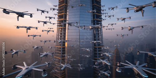 Many drones flying around a tall glass skyscraper in the city at sunset