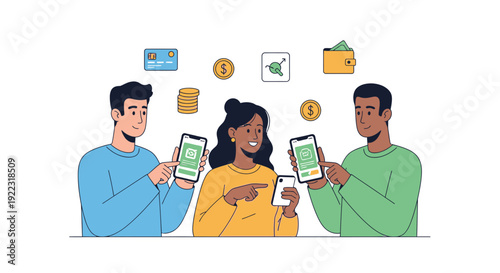Group of Diverse Users Using Smartphones for Mobile Banking and Digital Payments. Fintech Peer-to-Peer Transaction Illustration.