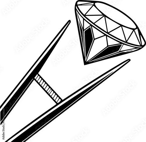 Jewelers tweezers holding brilliant cut diamond vector graphic in black and white line art style