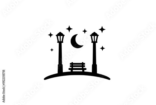 Street Lamp Night Park Silhouette Icon with Moon and Stars Vector Design