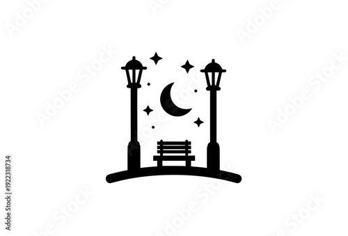 Street Lamp Night Park Silhouette Icon with Moon and Stars Vector Design