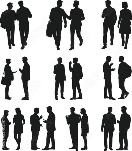 Conversation silhouettes illustration with pairs of people interacting, communication, professional discussion concept, black and white artwork design