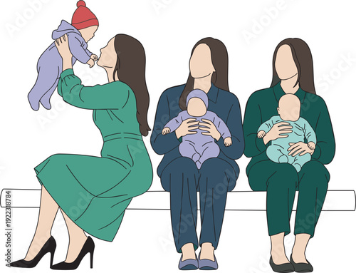Flat vector illustration of mothers holding babies, sitting on bench, wearing green and blue dresses, newborn care, motherhood, isolated on white.