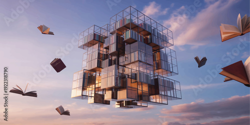 Modern library building with flying books in the sky at sunset