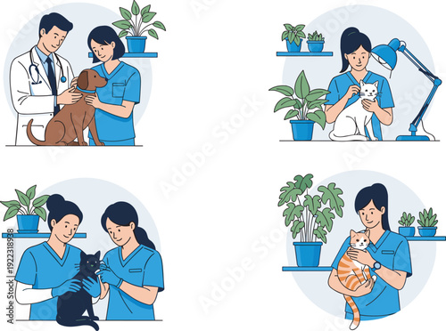 Large collection of diverse business people silhouettes plus modern casual characters and medical doctor consulting patient with veterinary clinic vector illustrations
