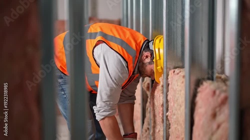 Construction Site Worker Installing Pink Fiberglass Insulation Between Metal Studs for Soundproofing and Thermal Wall Protection
