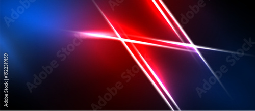 Abstract background features bright neon lines intersecting dark space. Vivid blue, red hues dominate composition. Minimalist design.