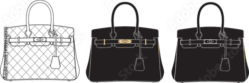 Luxury handbag vector set with quilted leather textures, designer tote silhouettes, fashion accessories, handle bags, and stylish purse line art icons.