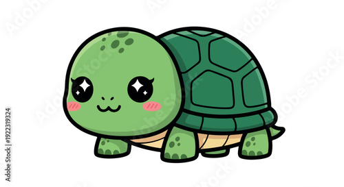 A cute cartoon turtle with a green shell and blush cheeks on a white background.