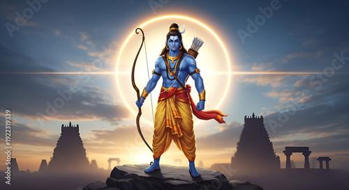 Divine Lord Rama with Bow and Halo in Mythological Artwork. 
