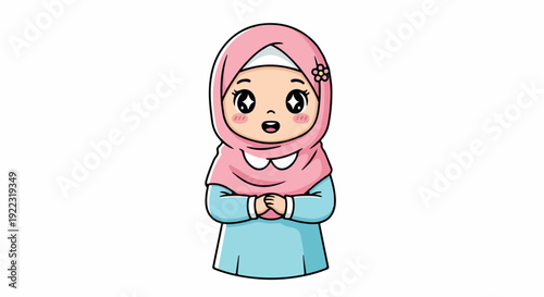 Cartoon illustration of a cheerful young Muslim girl wearing a pink hijab and blue dress with her hands clasped together against a clean white background.
