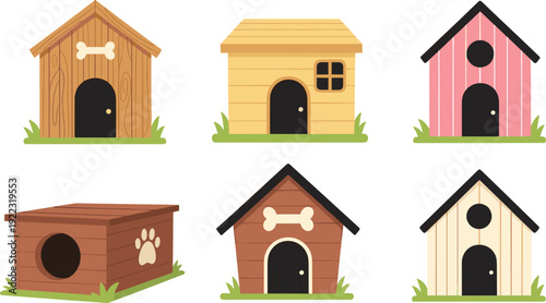 Flat vector illustration set of wooden dog houses including various pet shelters with bone signs paw prints and pitched roofs for outdoor animal home.