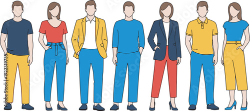 Set of diverse business people silhouettes and casual young character vector illustrations in various outfits isolated on white background for design