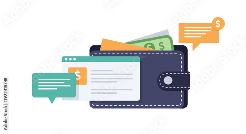 Digital Financial Management Illustration. Wallet with Cash, Online Banking Screen, and Payment Notification Bubbles.