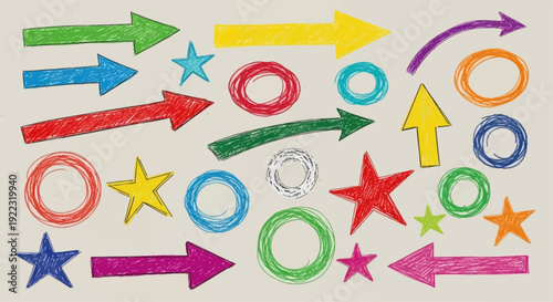 Colorful hand-drawn arrows, stars, and circles in a doodle style on a textured background.