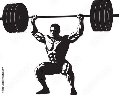 Powerful Weightlifter Performing Overhead Squat or Snatch Lift, Black and White Vector Illustration
