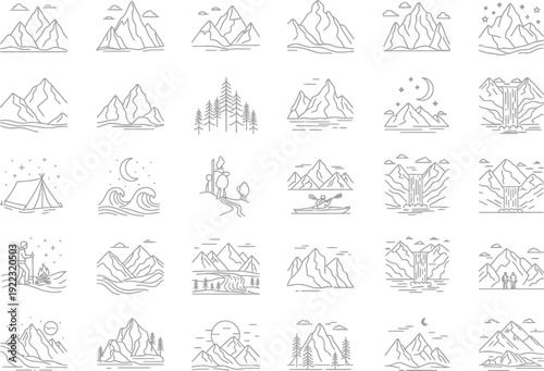 Hand-drawn outline illustrations of majestic mountains, camping scenes, and natural landscapes, evoking adventure and outdoor exploration.