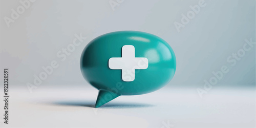 Teal speech bubble with white cross symbol on light gray background