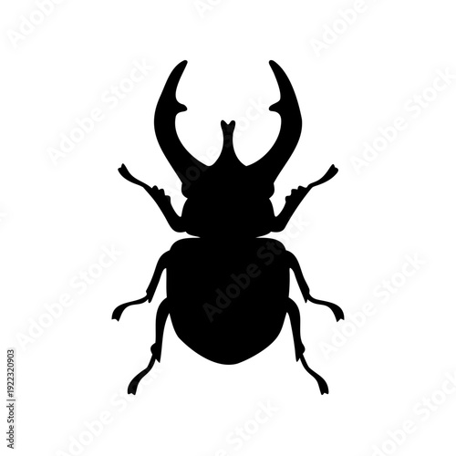 Detailed Black Silhouette Illustration of a Rhinoceros Beetle Against White Background