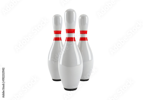 A set of white bowling pins with red stripes