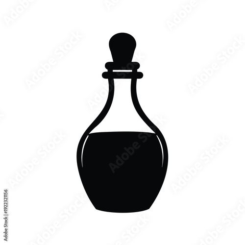 Elegant black silhouette of an antique perfume bottle filled with liquid