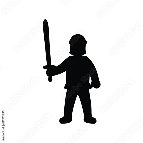 Silhouette of a warrior in armor raising a sword on white background