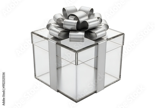 A clear gift box with a silver bow on top
