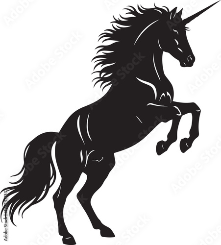 A black silhouette of a unicorn rearing up on its hind legs isolated on transparent background, Vector