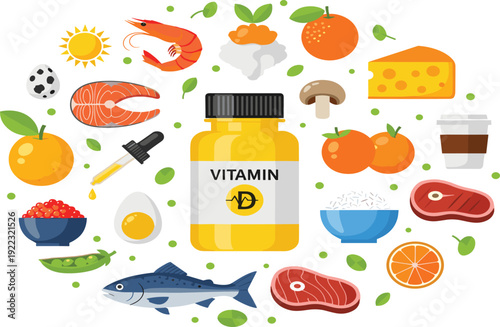 Flat vector illustration of Vitamin D supplement bottle surrounded by natural food sources like fish eggs cheese meat orange and sun for healthy nutrition.