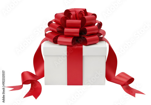 A white gift box with a large red ribbon