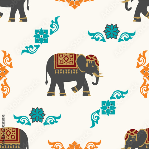 Royal indian elephant and floral motif seamless pattern for majestic mandir wall decor and cultural home interior wallpaper vector flat design.