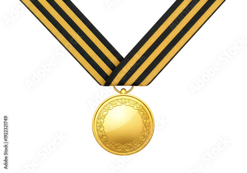 A gold medal with a black and yellow ribbon
