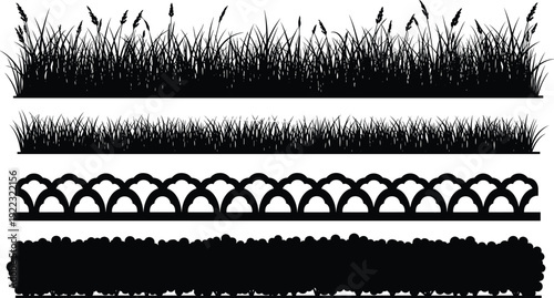 Grass and hedge border silhouette collection, decorative garden lawn dividers and ornamental fence elements, flat vector illustration