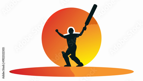 Cricket player celebrating with bat in hand against vibrant sunset