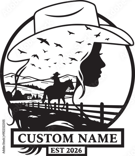 Cowgirl Silhouette Double Exposure Metal Sign Design with Horse Rider, Rural Landscape, and Flying Birds - Vector Illustration
