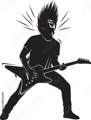A black silhouette of a man playing an electric guitar isolated on transparent background, Vector
