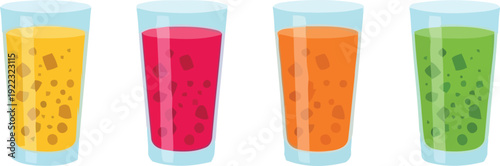 Four colorful smoothies with boba in tall glasses