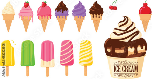 Flat vector illustration set of sweet summer desserts including various ice cream cones with toppings colorful fruit popsicles and chocolate sundae cup isolated.